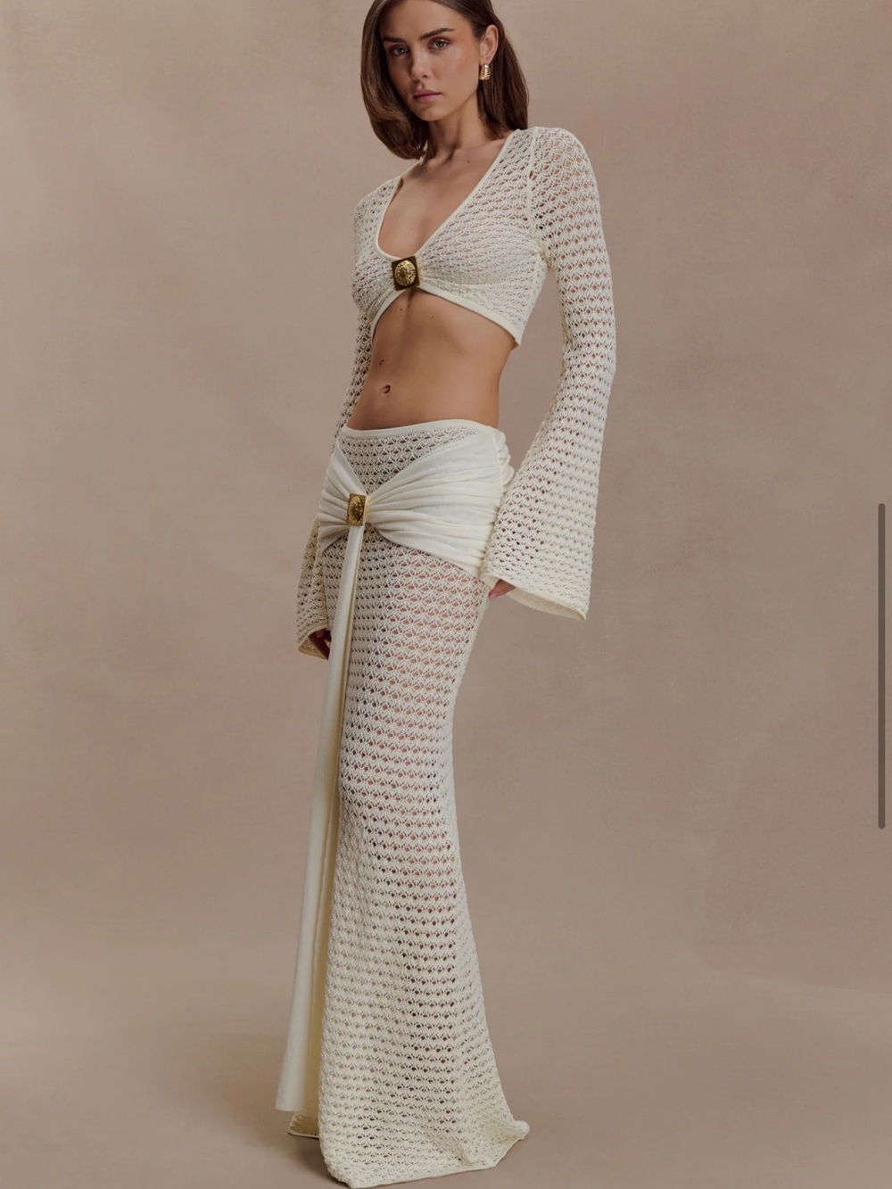 Meshki - Cream Crochet Two-Piece Set with Gold Accents